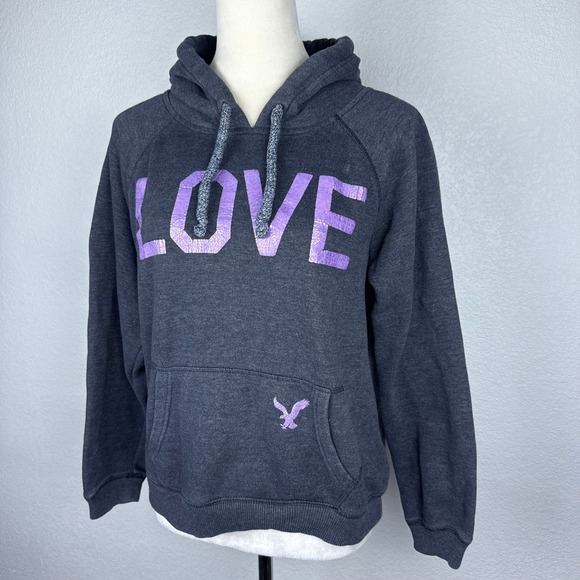 American Eagle Outfitters LOVE Hoodie Pullover Gray Purple Drawstring Womens - Picture 3 of 6